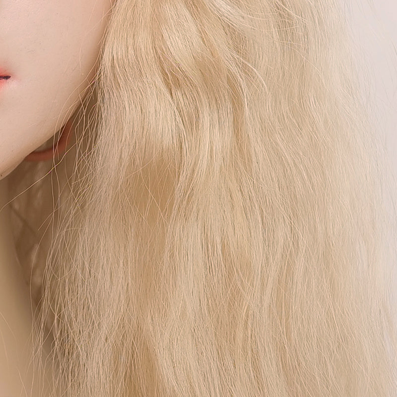 Blonde wavy long wig by SecondFace MoliFX, styled as The Nun, with natural waves and shoulder-length hair on a mannequin head.