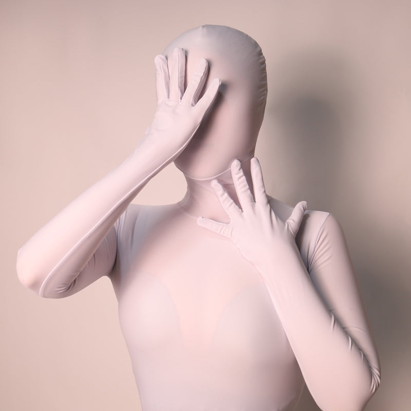 White Molis Zentai skinsuit from the CLASSIC Series, made of super spandex, designed for a close-fitting, full-body costume look.