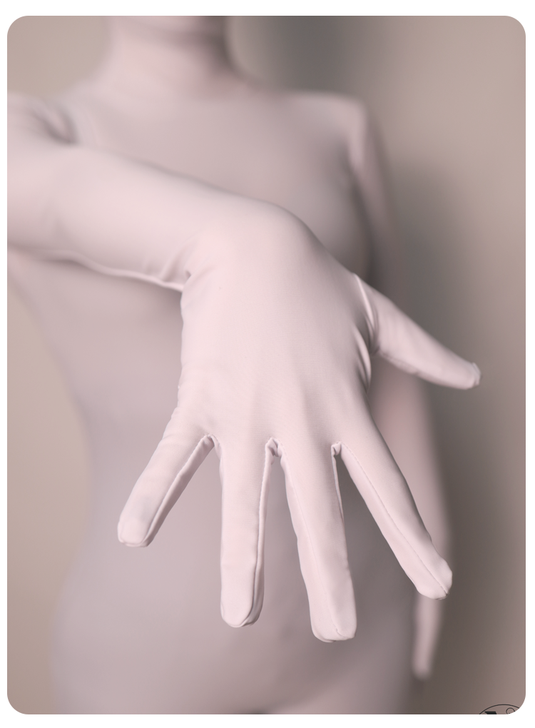 White Molis Zentai skinsuit from the CLASSIC Series, made of super spandex, designed for a snug, full-body fit.