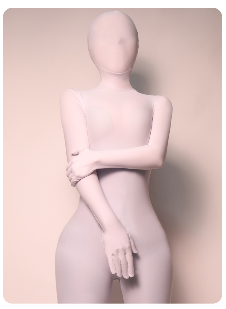 White Molis Zentai skinsuit from the CLASSIC Series, made of super spandex, designed for a snug fit and full-body coverage.