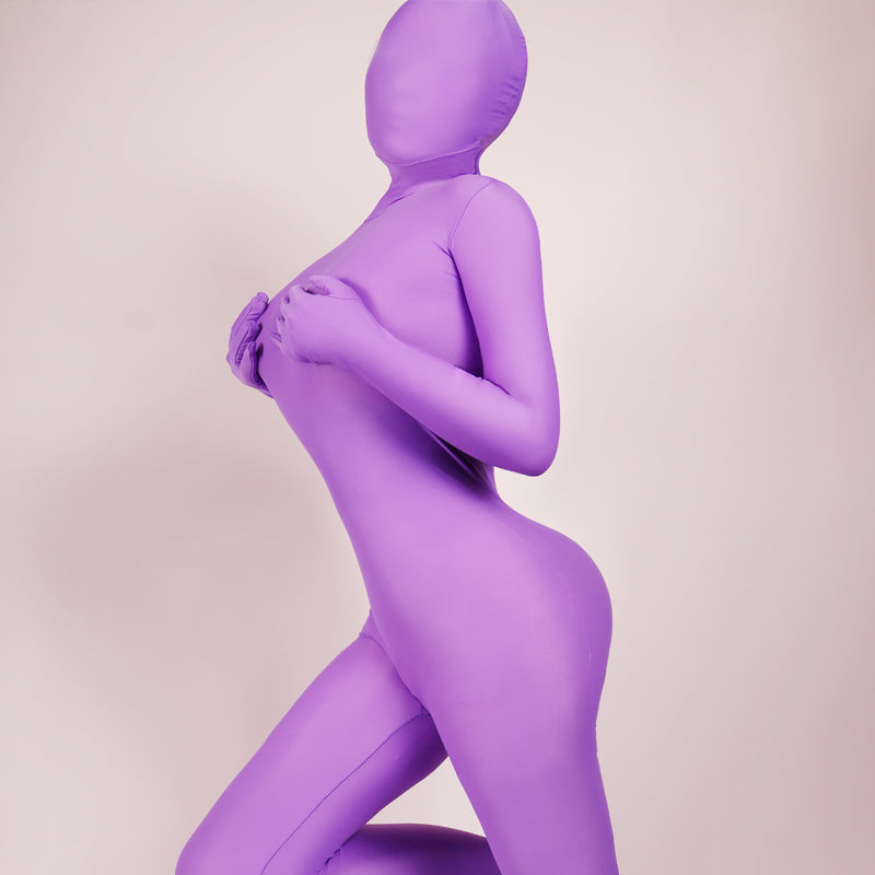 Male violet Molis Zentai skinsuit from the Classic Series in super spandex, shown worn by a model with a fitted, full-body design.