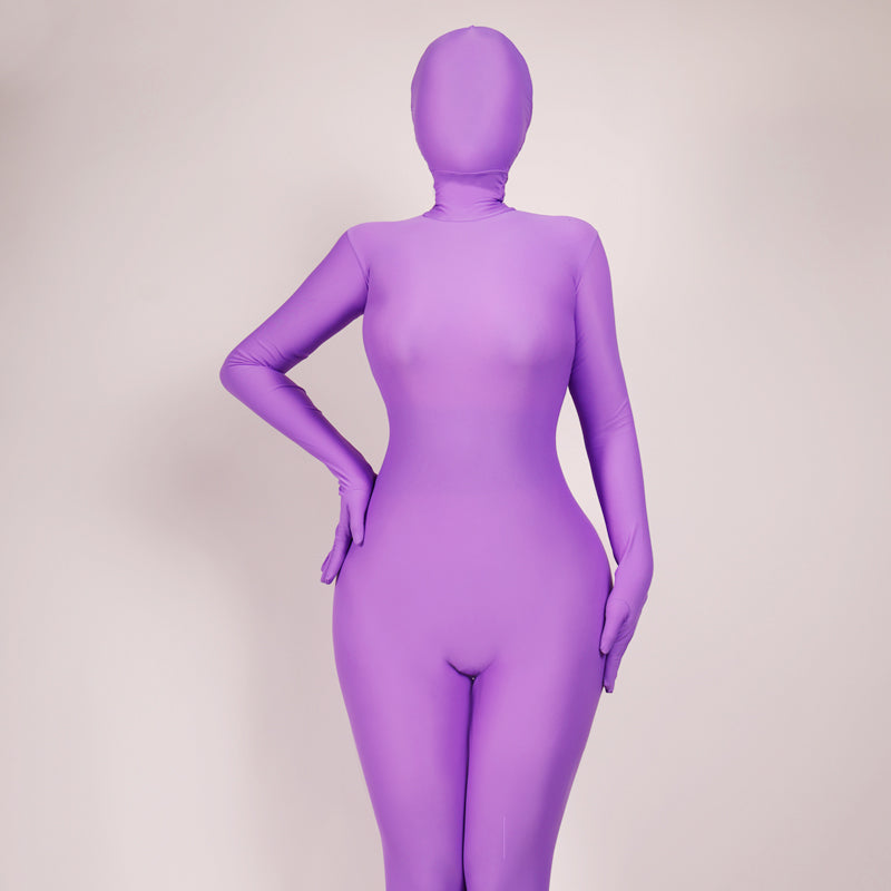 Inthemask Molis Zentai violet skinsuit from the CLASSIC Series, made of super spandex, designed for male wearers 175-180cm tall.