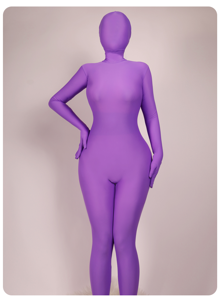 Male violet Molis Zentai skinsuit from the CLASSIC Series, made of super spandex, displayed on a mannequin with a close-up view.
