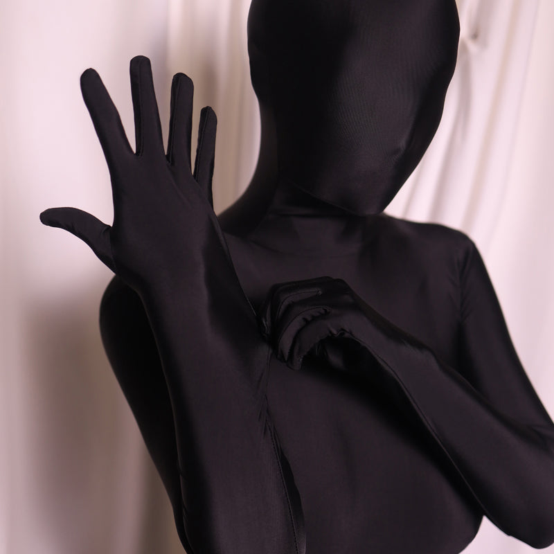 Black Molis Zentai skinsuit from the Classic Series, made of super spandex, designed for a sleek, form-fitting appearance.