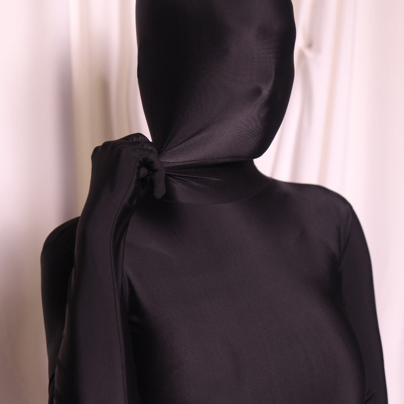 Black Molis Zentai skinsuit from the CLASSIC Series, made of super spandex, designed for custom fit and full-body coverage.