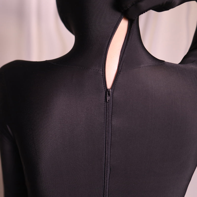 Black Molis Zentai skinsuit from the CLASSIC Series, made of super spandex, form-fitting costume for cosplay or performance.
