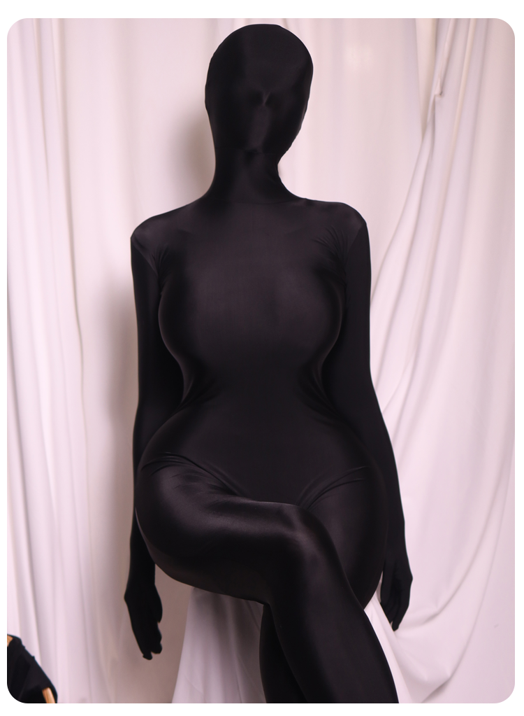 Black Molis Zentai skinsuit from the CLASSIC Series, made of super spandex, designed for a sleek, full-body fit.