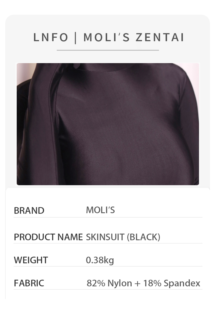 Black Molis Zentai skinsuit from the CLASSIC Series, made of super spandex, designed for a seamless, fitted costume look.