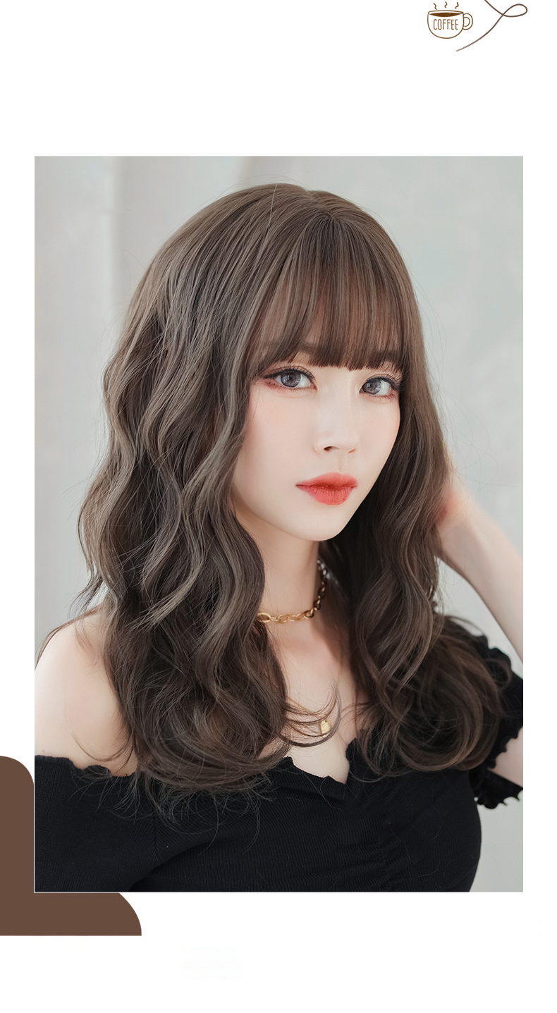 Brown straight wig with 52cm length and flush bangs from Molis Wigs, styled naturally on a mannequin head.