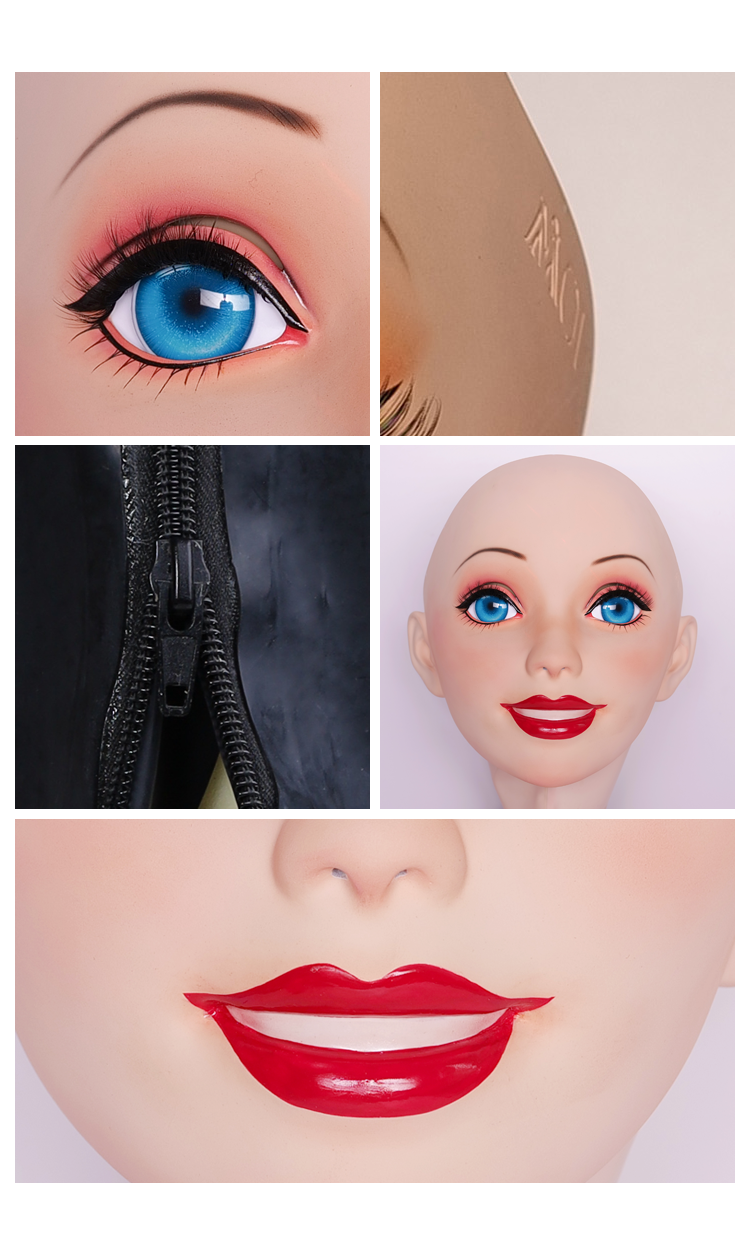 Pink latex female doll mask with gag and hood, by InTheMask Molis, featuring detailed design and adjustable fit, size 56-62cm.