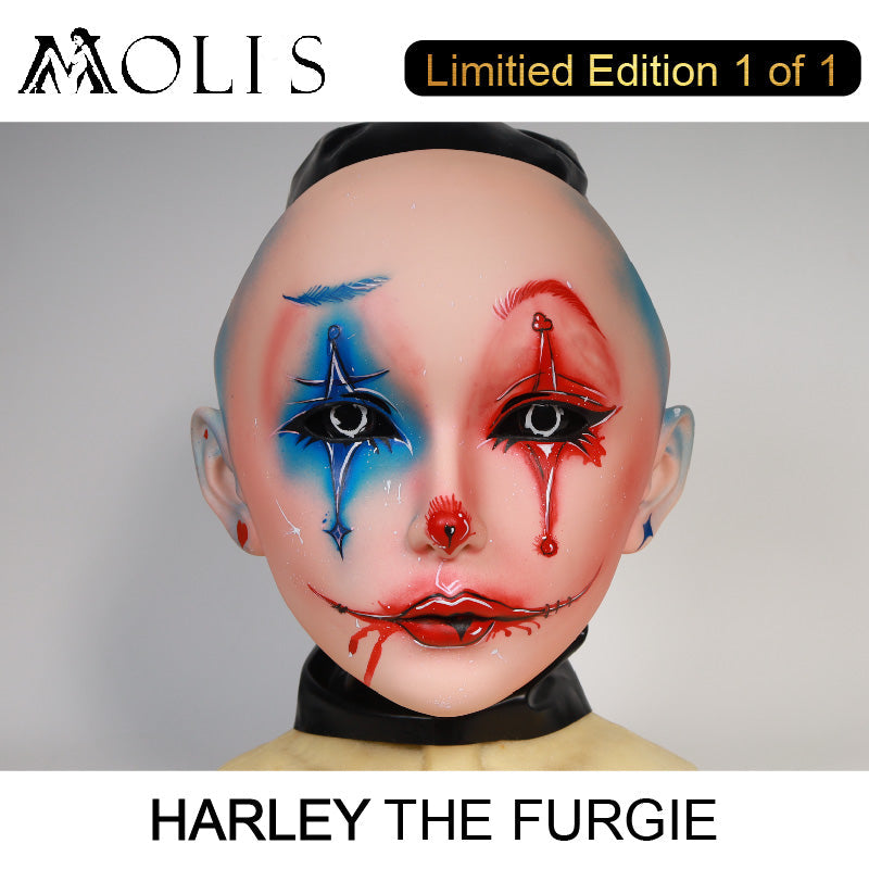 Harley the Furgie Clown limited edition female doll mask by InTheMask, featuring a detailed latex hood and clown face design.