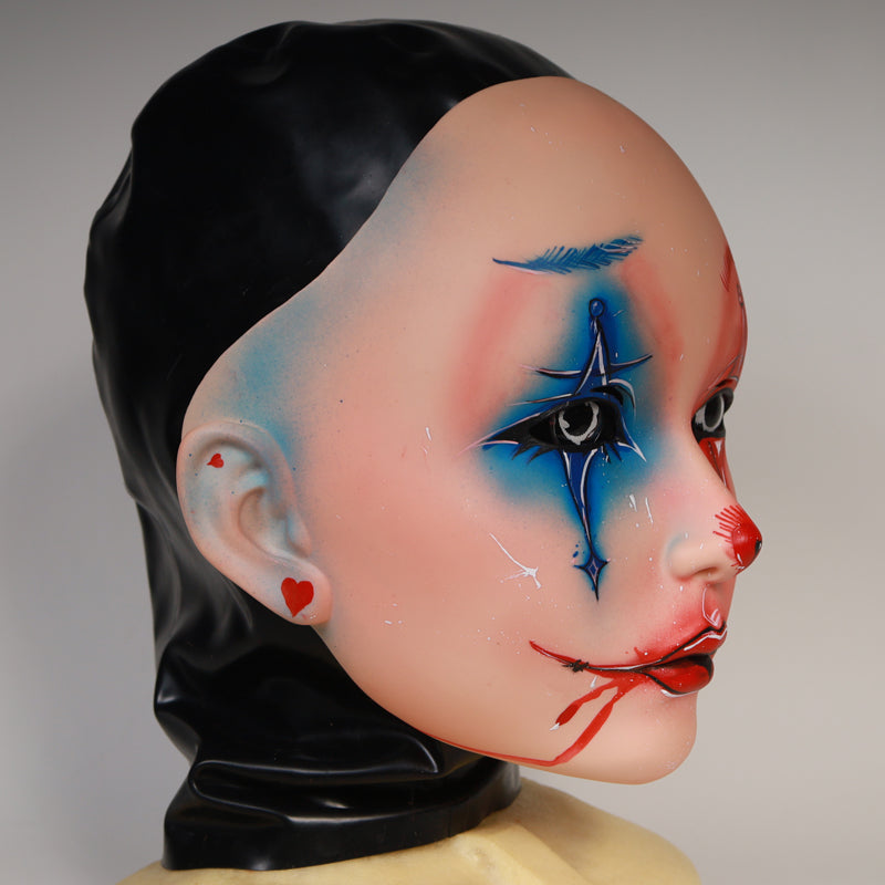 Harley the Furgie Clown limited edition female doll mask by InTheMask, featuring latex hood and detailed clown face design.