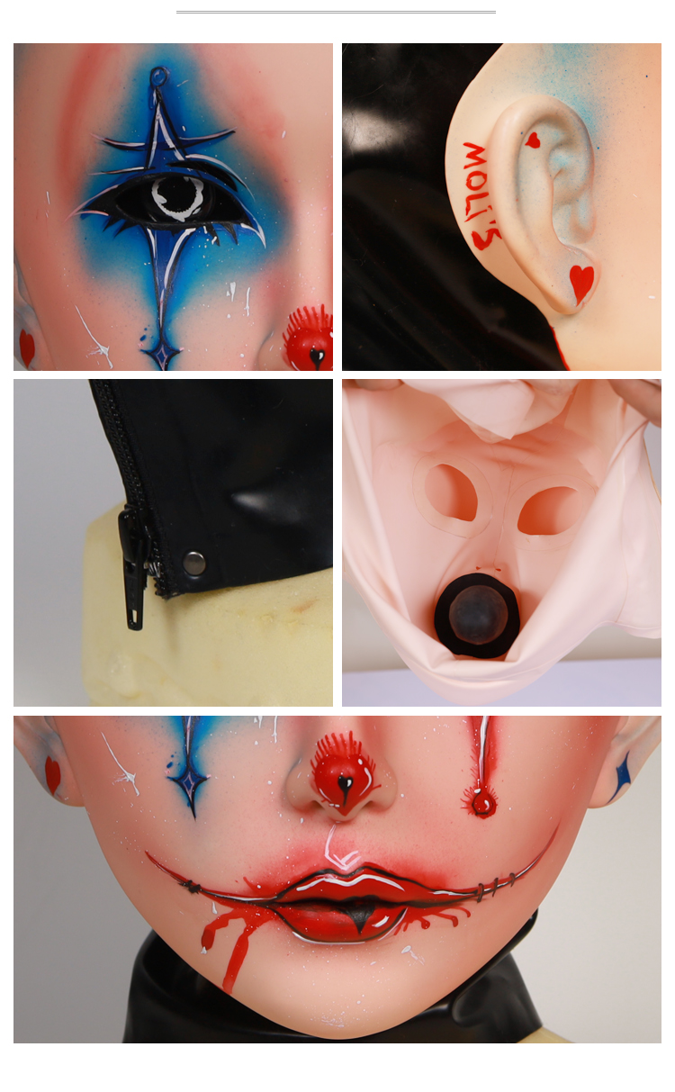 Harley the Furgie Clown limited edition female doll mask by InTheMask, featuring a latex hood and detailed clown face design.