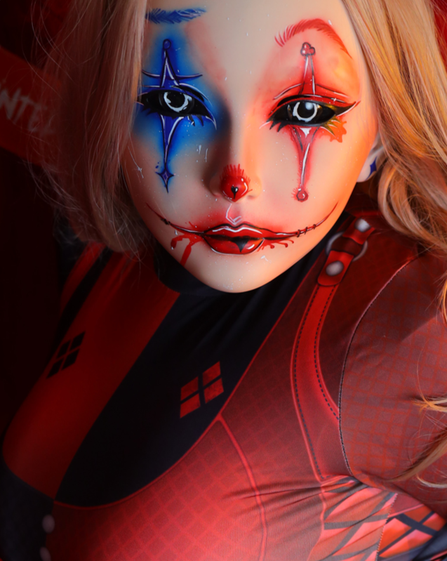 Harley the Furgie Clown limited edition female doll mask by InTheMask, featuring detailed clown face with latex hood.