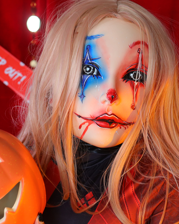 Limited edition Harley the Furgie Clown female doll mask by InTheMask, featuring latex hood and detailed clown face design.