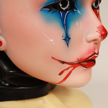 Harley the Furgie Clown limited edition female doll mask by InTheMask, featuring detailed clown face with latex hood, size 52-58cm.