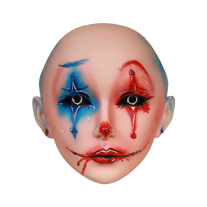 Harley the Furgie Clown limited edition female doll mask by InTheMask, featuring a latex hood and detailed clown face design.