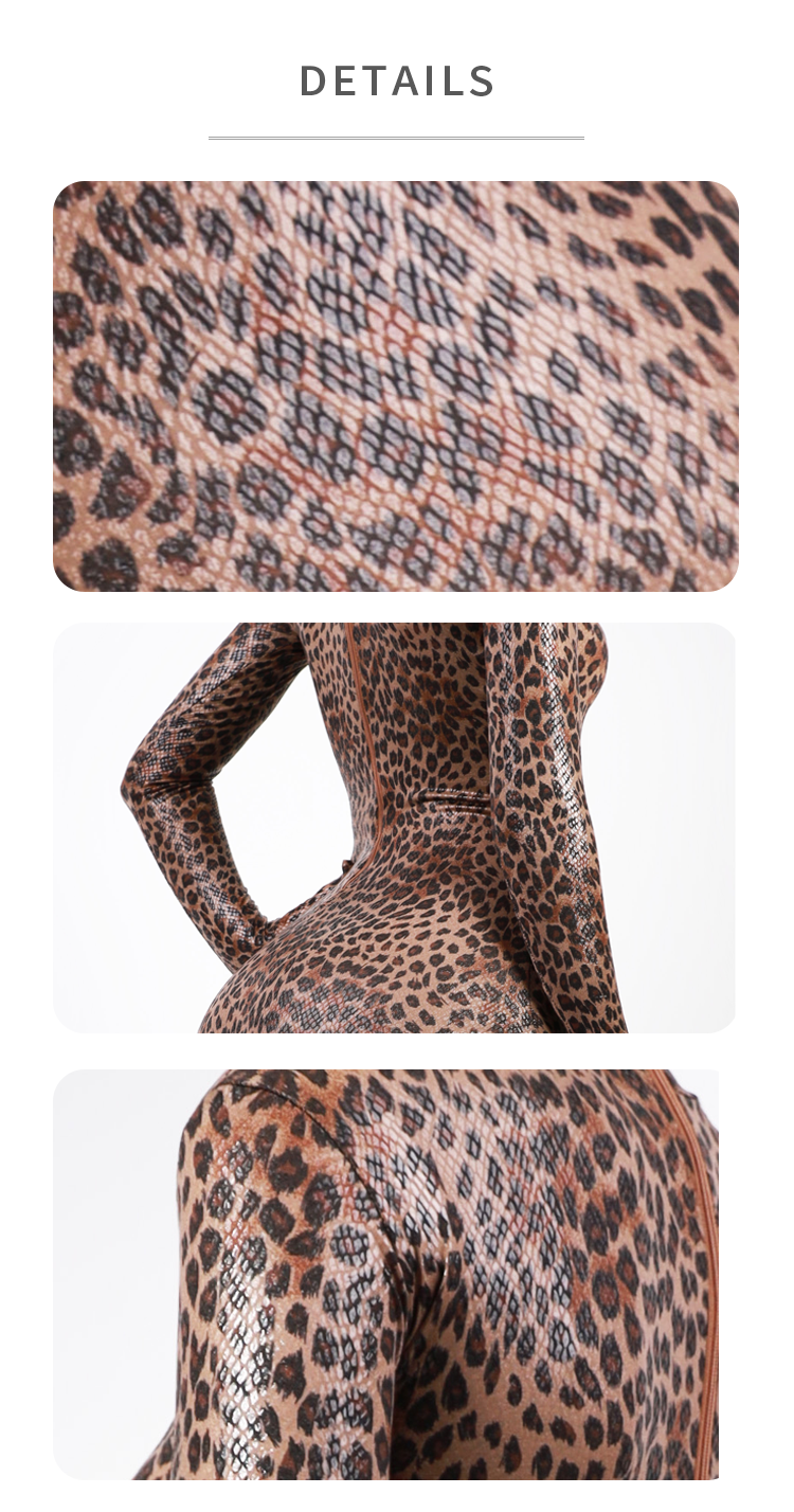 InTheMask Molis Zentai suit in shiny elastic spandex with leopard dot pattern, form-fitting and reflective, designed for full-body coverage.