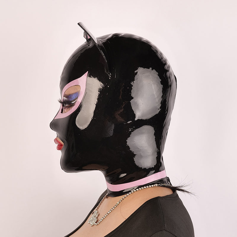 Pink kitten latex hood from NEOGAN NH30 by Inthemask with minimal rubber gag, designed for costume or roleplay use.