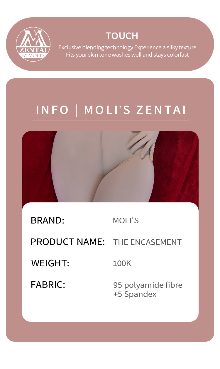 Beige Molis Zentai "The Encasement" premium 150D customizable pantyhose Zentai worn by a person, full-body suit with no additional accessories.