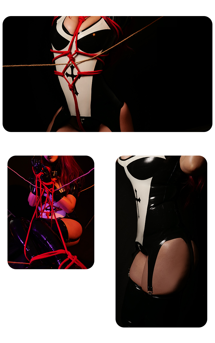 Neogan Rubber Nun latex suit with choker and suspenders, featuring a smooth black latex finish, gloves, and stockings for a bold look.