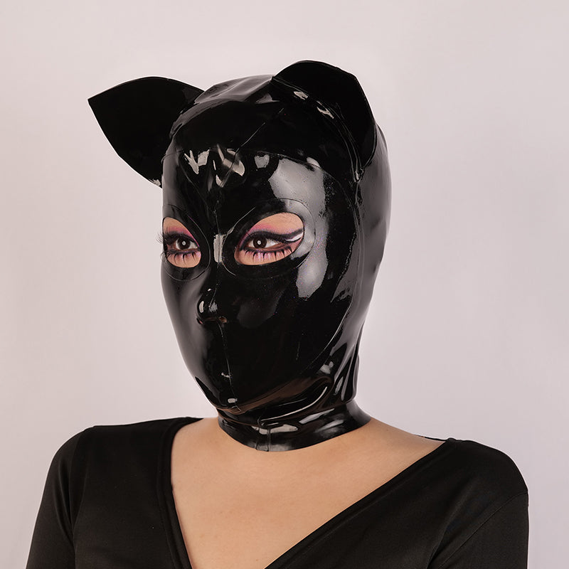 Neogan NH20 latex hood with cat ears by Inthemask, featuring black latex material and playful feline ear details.