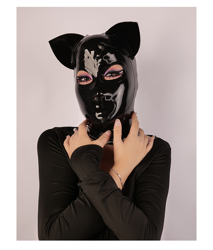 Inthemask by Moli's NEOGAN NH20 latex hood with cute cat ears, black rubber material, designed for cosplay and costume use.