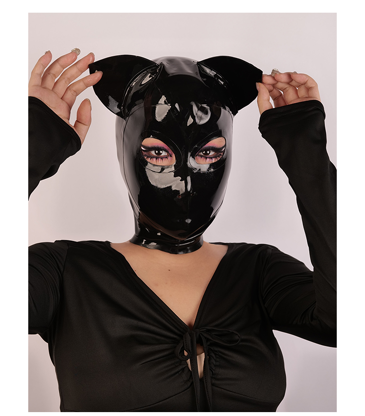 Inthemask by Moli's NEOGAN NH20 latex hood with cute cat ears, featuring a sleek black design and snug fit.