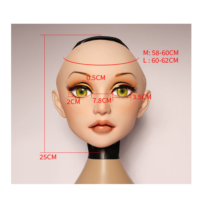 Neogan Parker female doll mask by Molis D04 with pink latex hood and gag, featuring realistic facial details and almond eye shape.