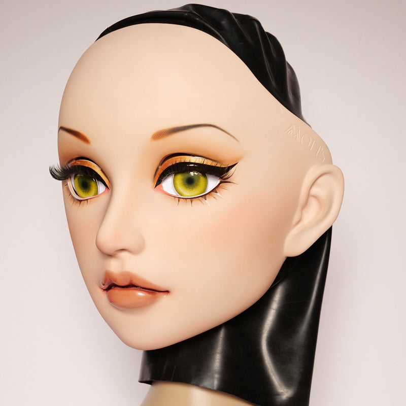 Neogan Parker female doll mask by Molis D04 with pink latex hood and gag, featuring almond eyes, for adult costume or role-play.