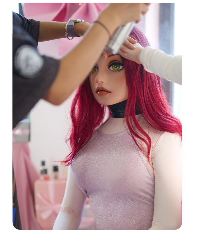 Pink latex doll mask by Molis D04 featuring gag and hood, part of the NEOGAN Parker female doll mask collection.
