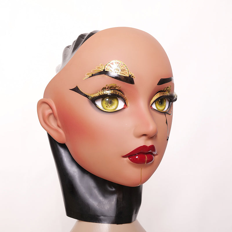 Inthemask by Moli's Kleopatra female doll mask with black latex hood and gag, featuring realistic facial details and adjustable fit.