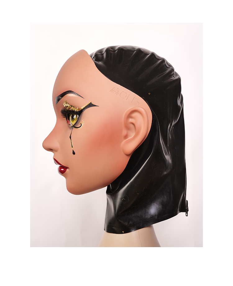 NEOGAN Kleopatra female doll mask by Inthemask with black latex hood and gag, featuring detailed design and adjustable fit.