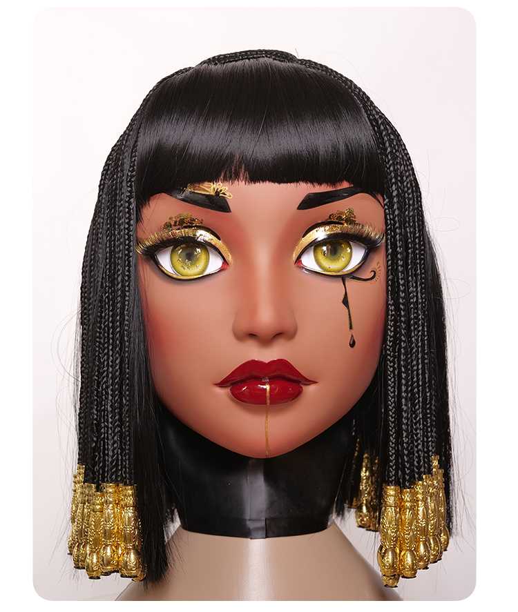 Inthemask by Moli's Kleopatra female doll mask with black latex hood and gag, featuring realistic facial details and adjustable fit.