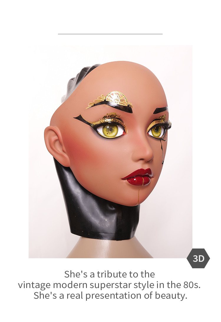 Inthemask by Moli's NEOGAN Kleopatra female doll mask with black latex hood and gag, featuring realistic facial details and adjustable fit.