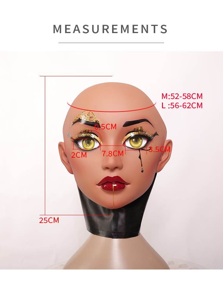 Inthemask by Moli's Kleopatra female doll mask with black latex hood and gag, featuring detailed design and adjustable fit.