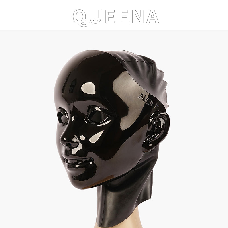 Neogan Dark Queena female doll mask with latex hood and gag, featuring realistic fake eyes, by Inthemask by Moli's.