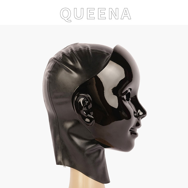 Dark Queena female doll mask by Inthemask with latex hood, gag, and realistic fake eyes, size 52-58cm, from NEOGAN collection.