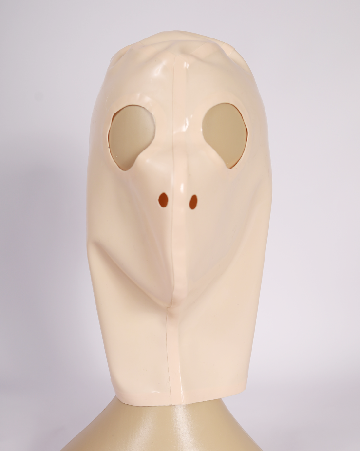 Pink and black full-coverage latex hood with eye holes from Inthemask by Moli's NH10 for immersive role-play.