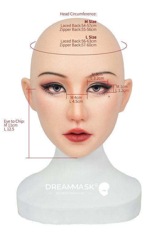 Inthemask by Moli's Yao M27M female makeup mask with open eye holes, punched eyebrows, and zipper at the back.