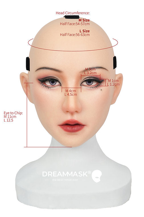 Yao M27M female mask from Inthemask by Moli's, with punched eyebrows, open eyeholes, and a zipper at the back, makeup series.