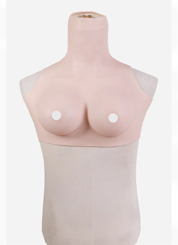 Silicone breastplate in B cup by InTheMask for crossdressers, showing realistic skin tone and chest contour.
