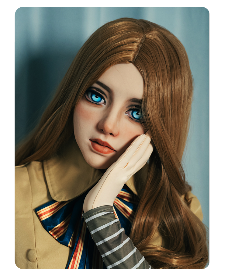 Ash blonde wavy wig from SecondFace by MoliFX featuring a middle part, styled like M3GAN, by InTheMask by MOLIS.
