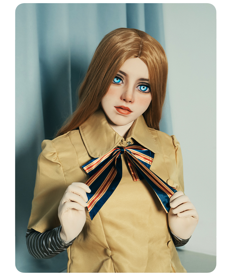 Ash blonde wavy wig with middle part from SecondFace by MoliFX, styled as M3GAN character, inInTheMask by MOLIS branding