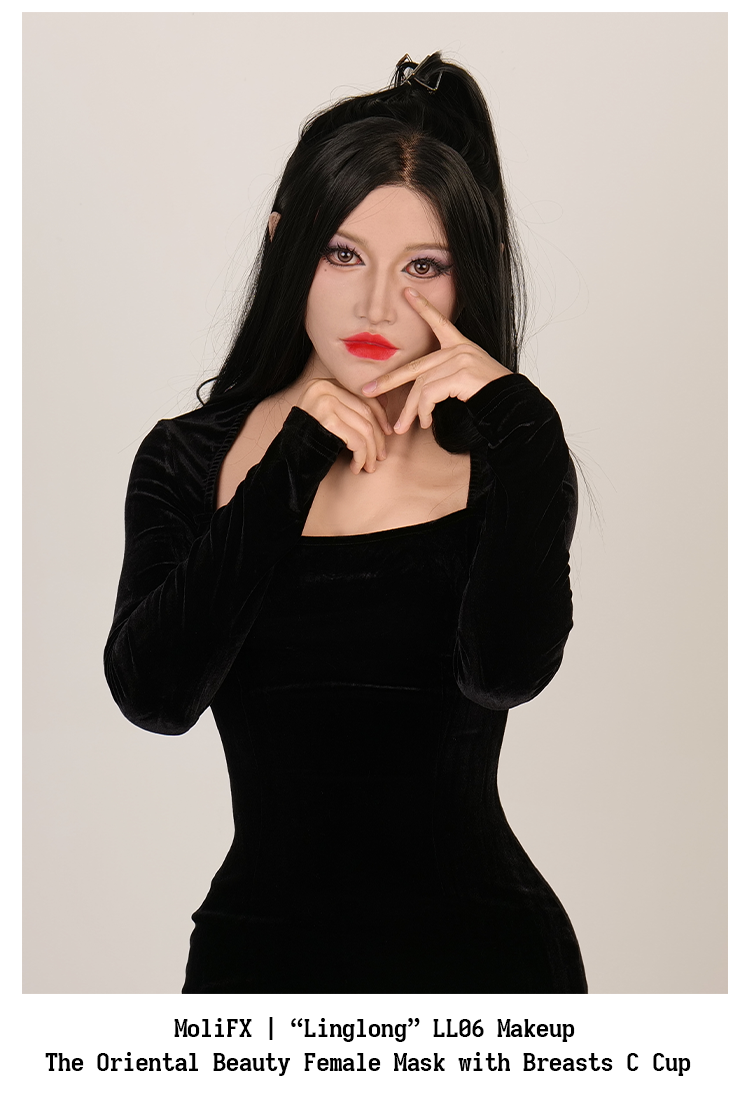 InTheMask MoliFX Linglong LL06 makeup mask featuring an oriental female face with C cup breasts, realistic skin tones and detailed features.