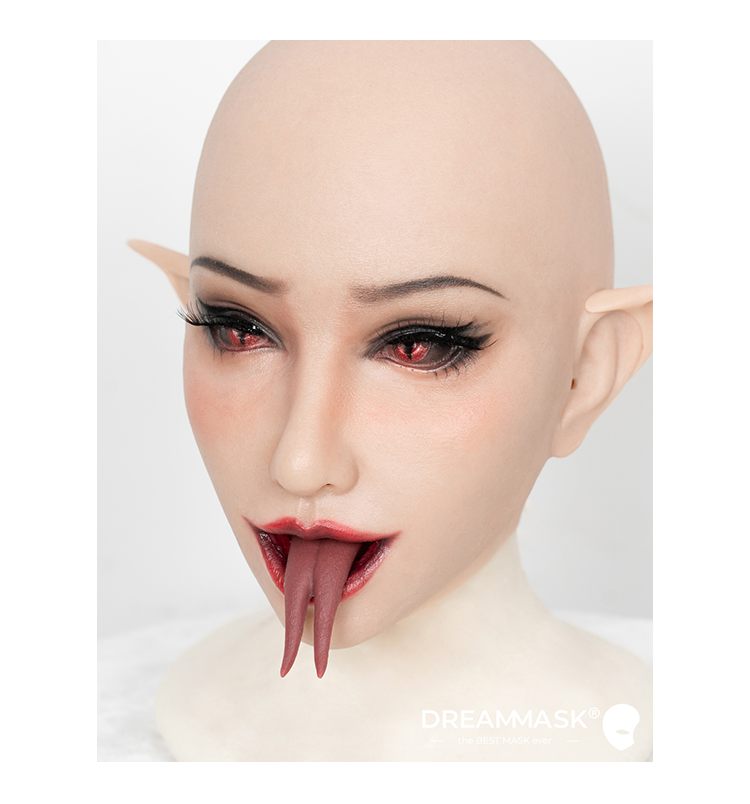 „Fantasy Succubus“ mit künstlicher Zungenhülle und offenem Mund. Die Silikon-Frauenmaske 