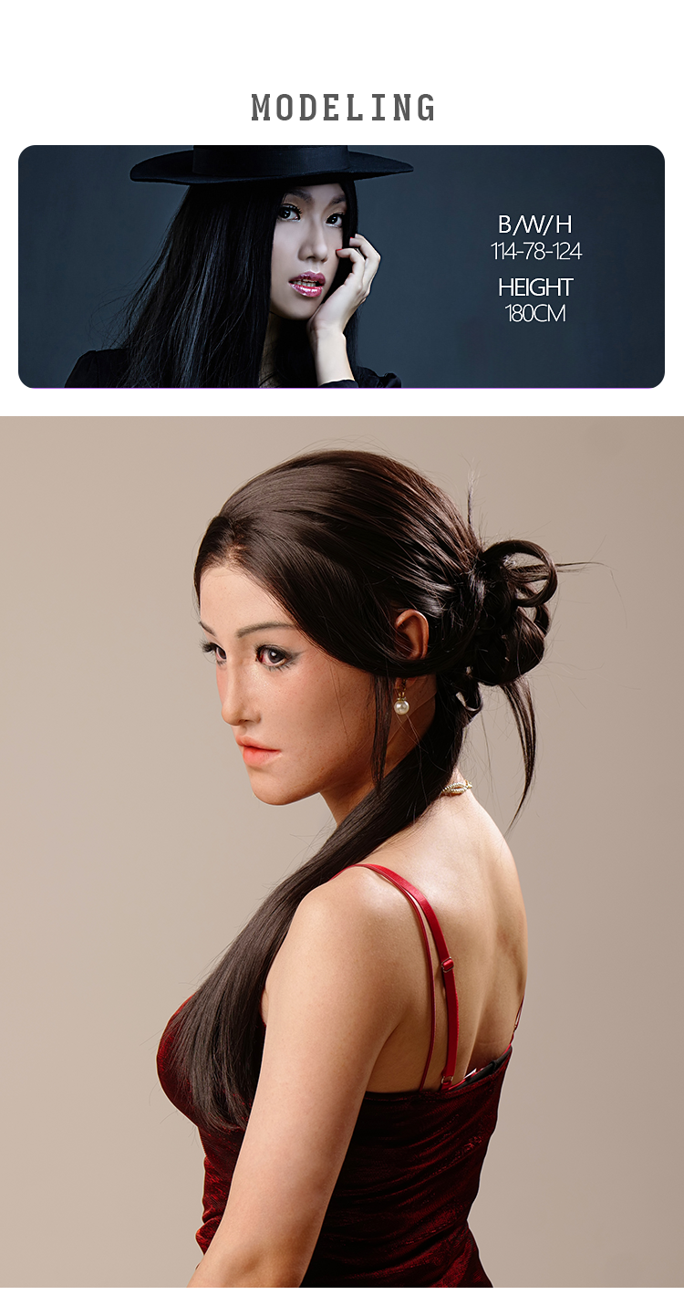 MoliFX Linglong Ningzhi female makeup mask with realistic breasts, C cup, detailed facial features, and traditional oriental beauty style.