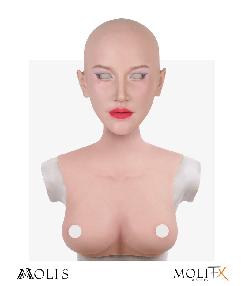 MoliFX Linglong LL06 Oriental Beauty female mask with C cup breasts, detailed makeup, and realistic facial features.