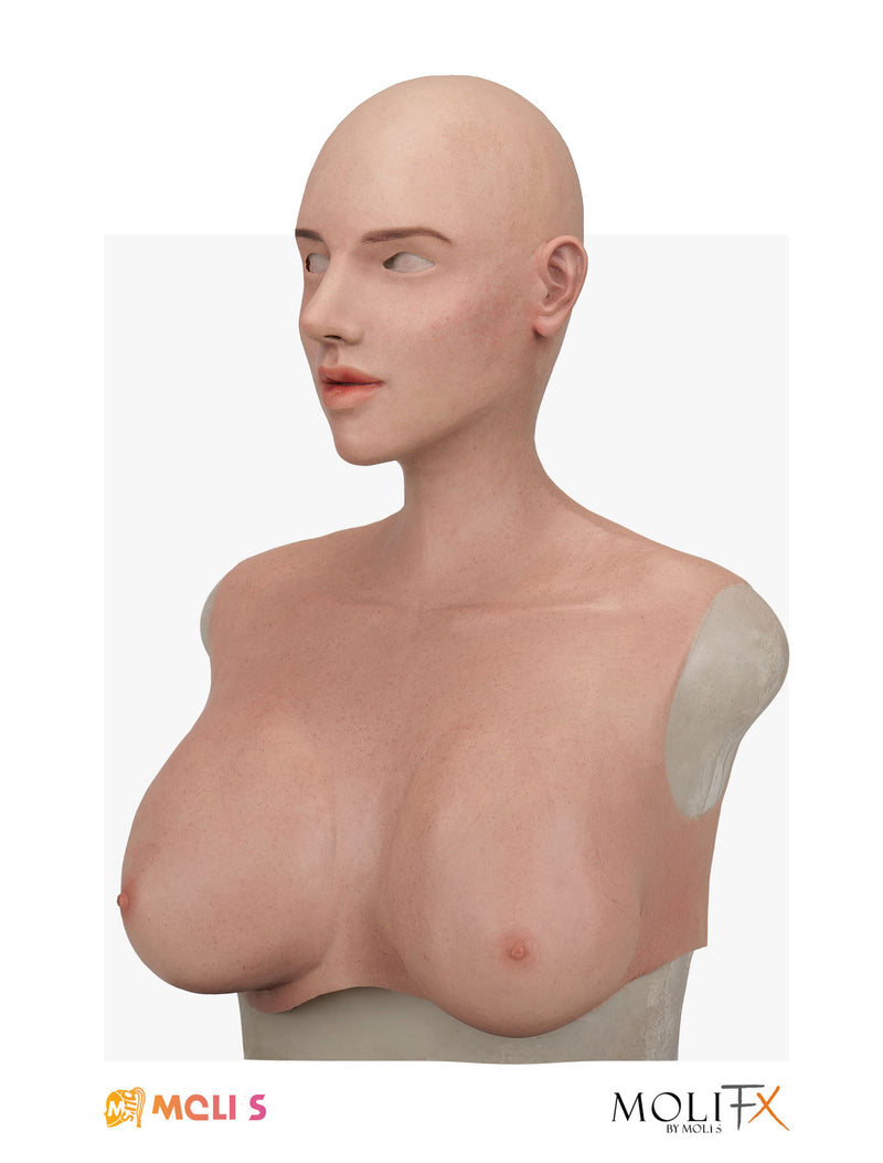 Silicone female mask called Amelia by InTheMask by MOLIS, detailed facial features and realistic skin texture from the front view.