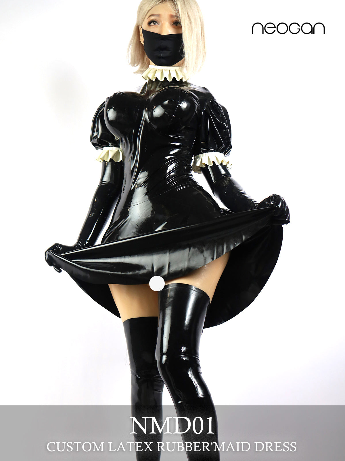 Custom latex rubber maid dress from NEOGAN NMD01 by InTheMask by MOLIS, featuring black shiny latex material and maid-style design.